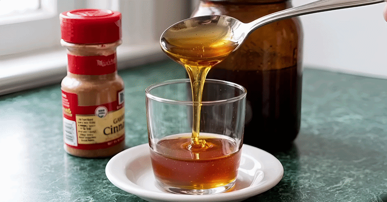 Honey and cinnamon blood sugar support ritual with honey pouring from a spoon into a cup