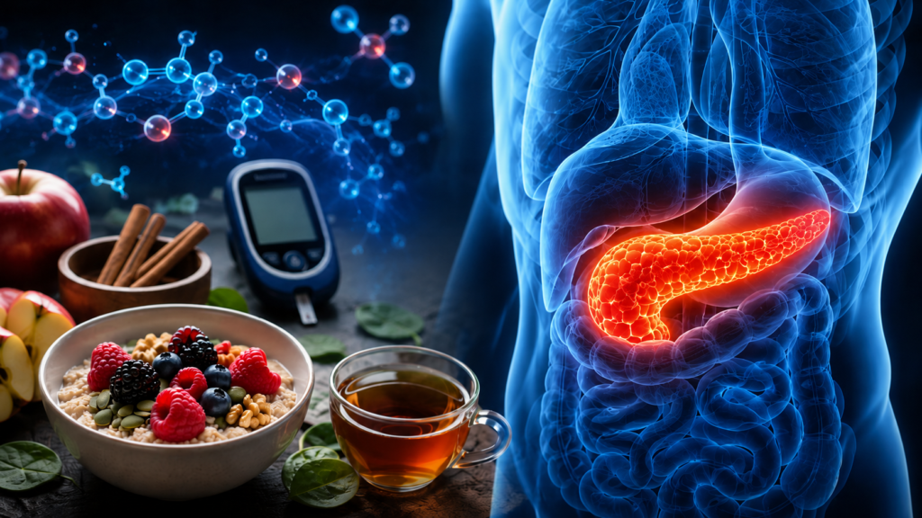 Healthy breakfast foods, glucose meter, and highlighted pancreas illustrating blood sugar and metabolic health.