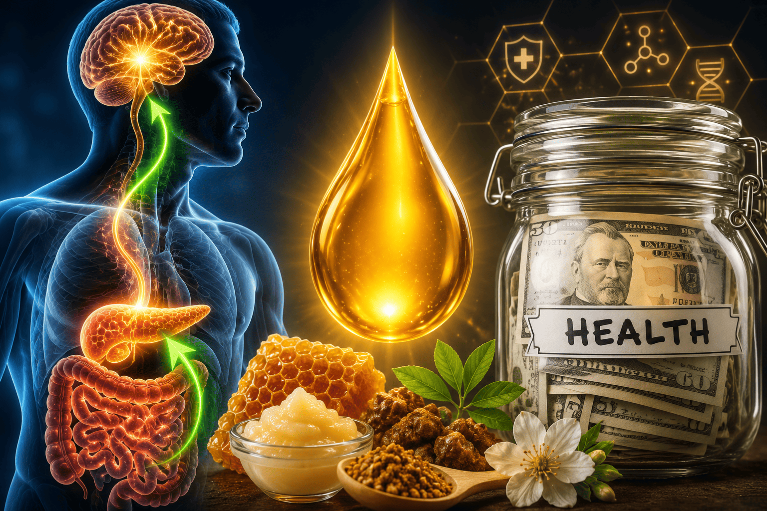 Gut-brain connection illustration with the brain, pancreas and digestive system, natural bee compounds and a health savings jar